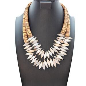 Tribal Hand Made Wood Two Strand Chevron Design Disk Bead Pull String Necklace